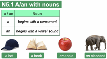 Title slide of an ESL lesson on a/an with nouns.